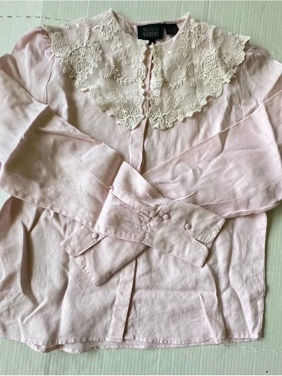 Vintage 1980s Linen Alcott & Andrews Button-Up Shirt Sz 10 Light Pink - Picture 2 of 9